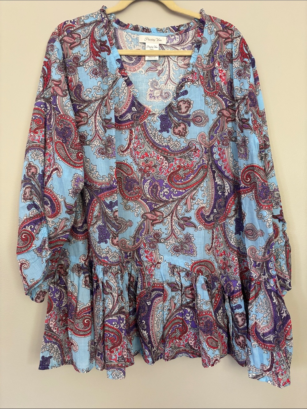 Paisley Ruffle Peasant Tunic - Light Blue NWOT